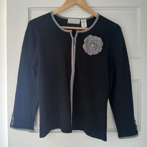 Alfred Dunner Sweater Cardigan Full Zip Black with Calico Floral Accent Trim - Picture 13 of 13
